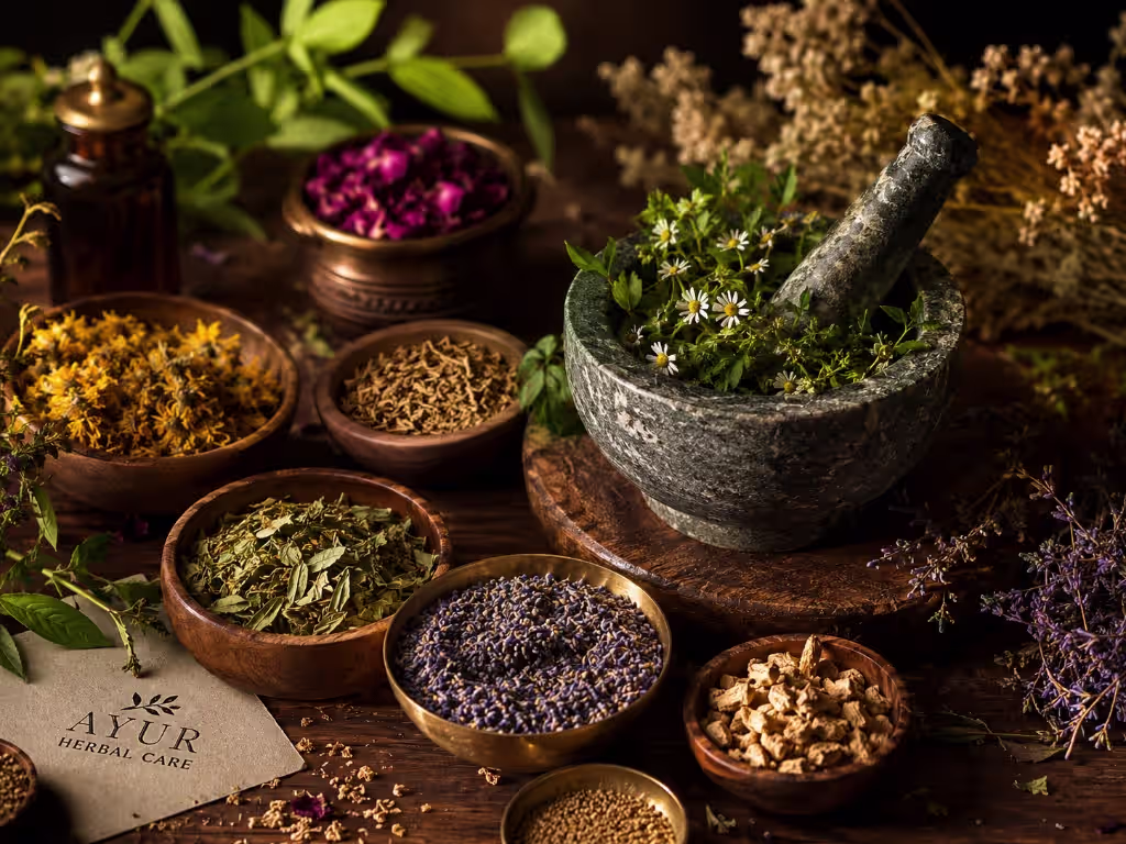 Traditional Ayurvedic herbs, mortar and pestle on a wooden table for natural healing